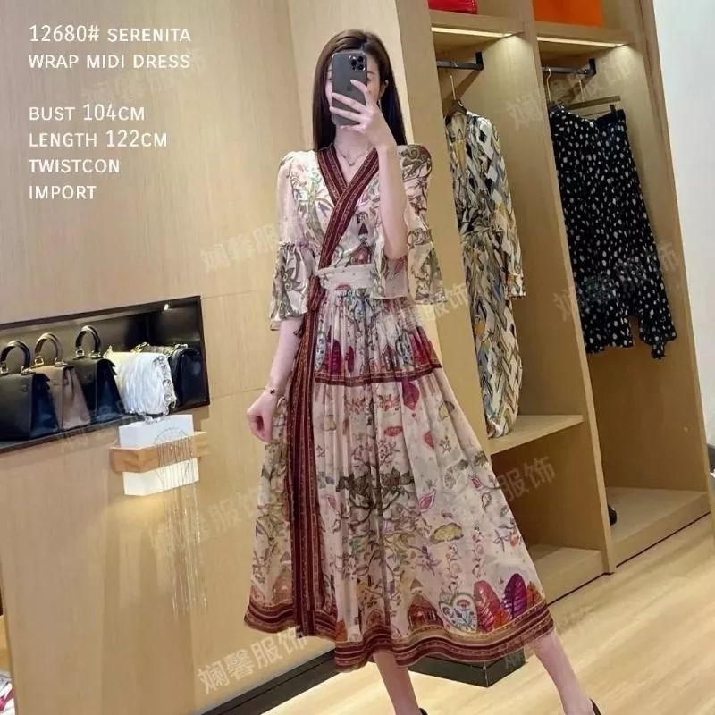 Pakaian baju midi dres dress lengan rempel kimono cantik ringan simpel mewah elegan pesta kondangan 
