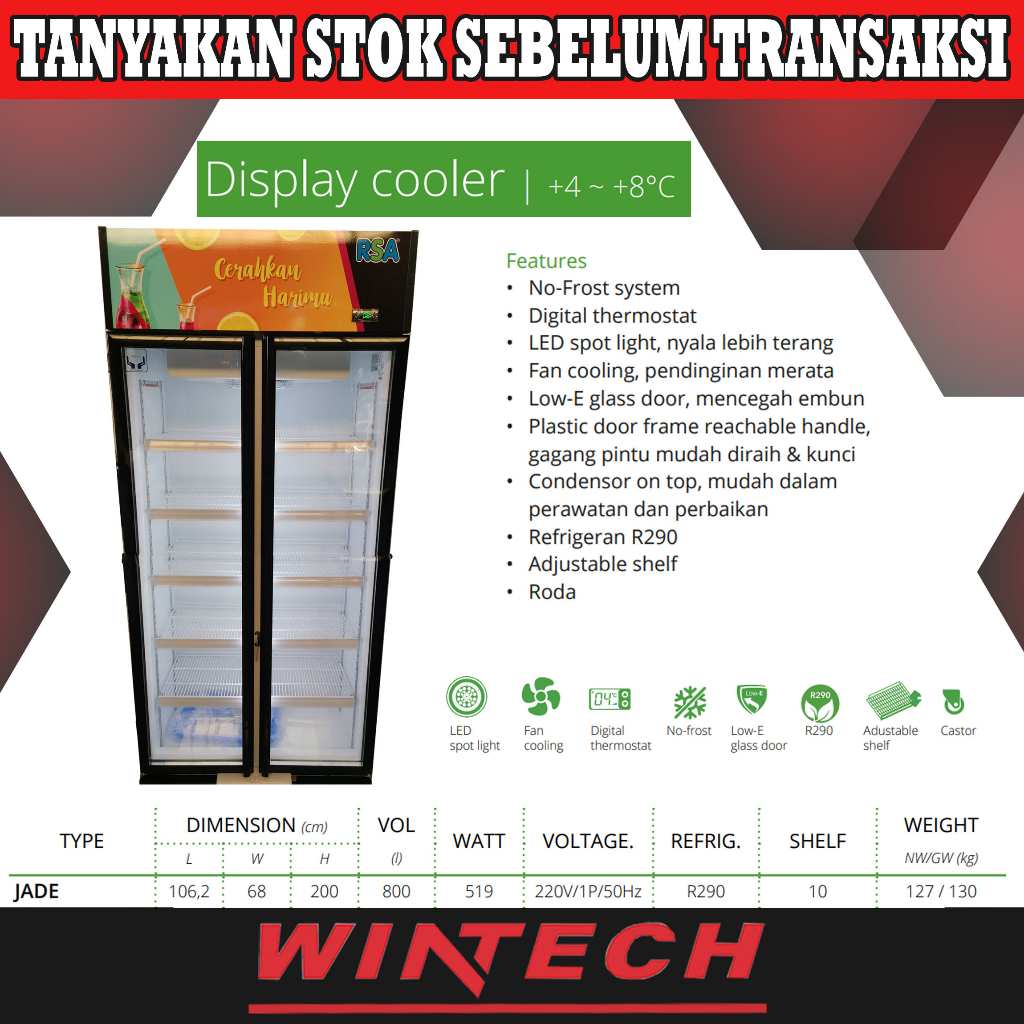 RSA JADE 2 Dua Pintu Showcase - Display Cooler - Lemari Kaca Berpendingin - Kulkas Kaca - Tempat Pro
