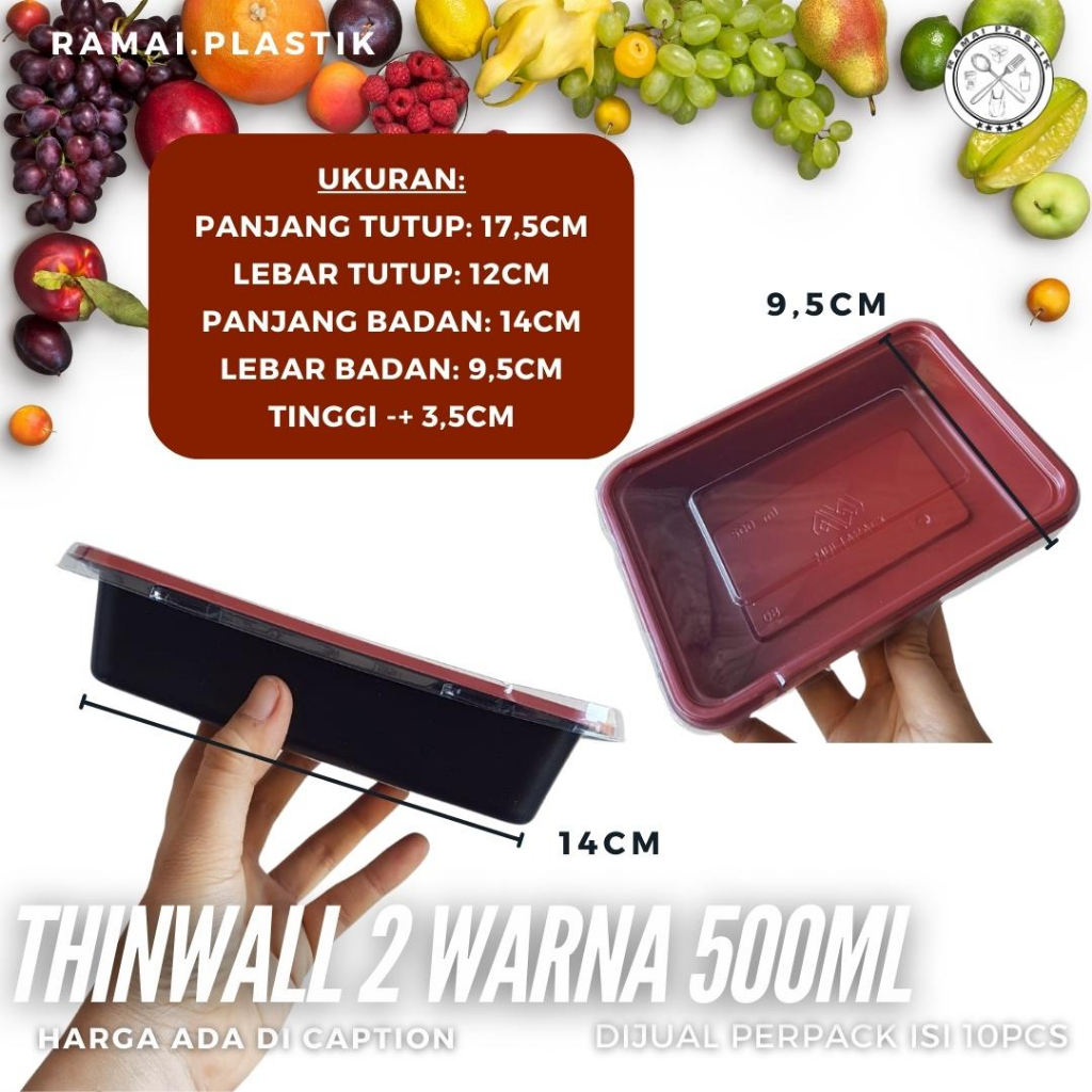 Kotak makanan 2 warna 500ml tahan panas/ thinwall persegi/takeaway box isi 10pcs