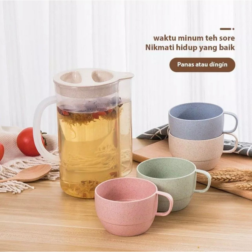 TEKO GELAS JERAMI SET 5 IN 1 BPA FREE FOOD GRADE GELAS SHARING WARNA PASTEL MUG CANGKIR KOPI TEH