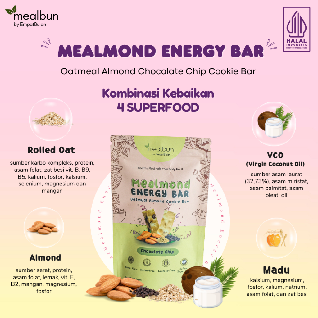 

MEALBUN MEALMOND ENERGY BAR - Kukis Oatmeal Almond Peningkat Energi dan Imunitas