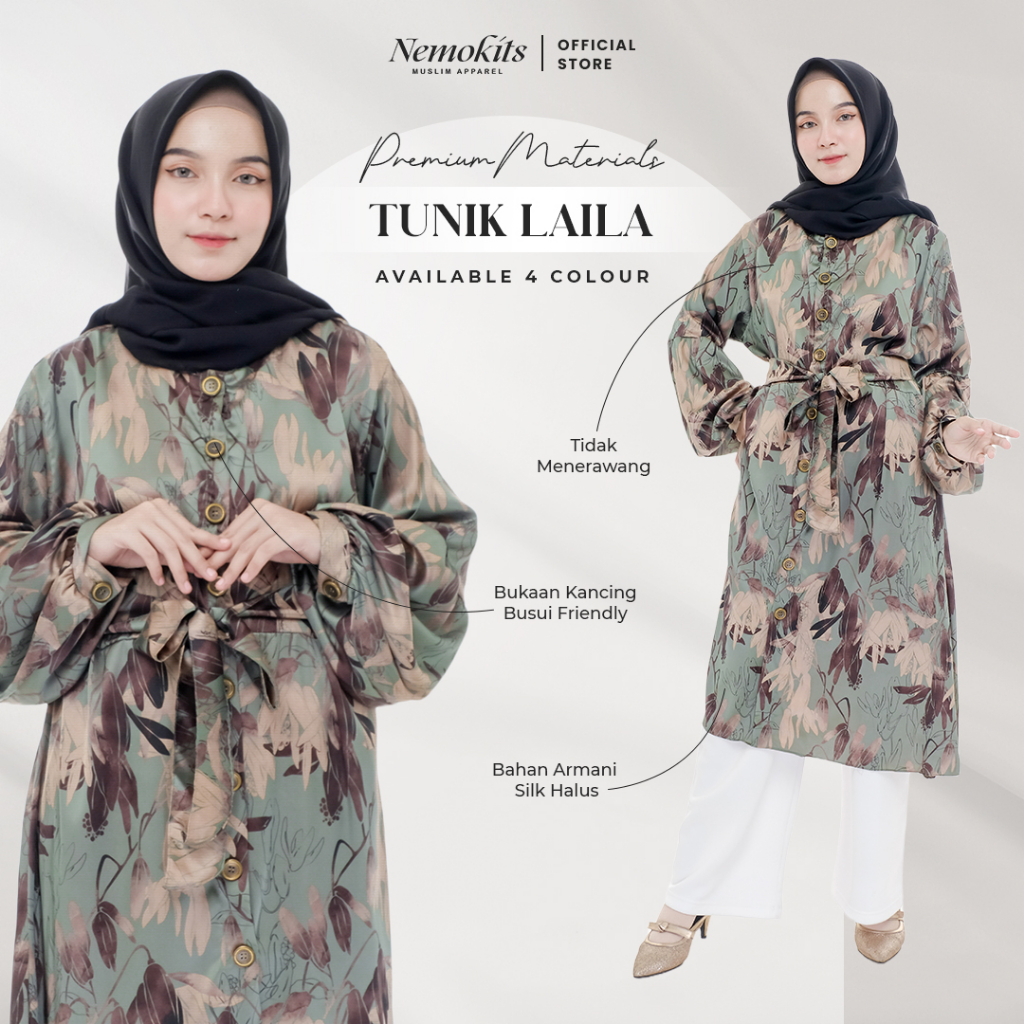 NEMOKITS Tunik Laila - Tunik Motif Bunga Armani Silk Premium Maxi Dress Busui Friendly Pakaian Musli