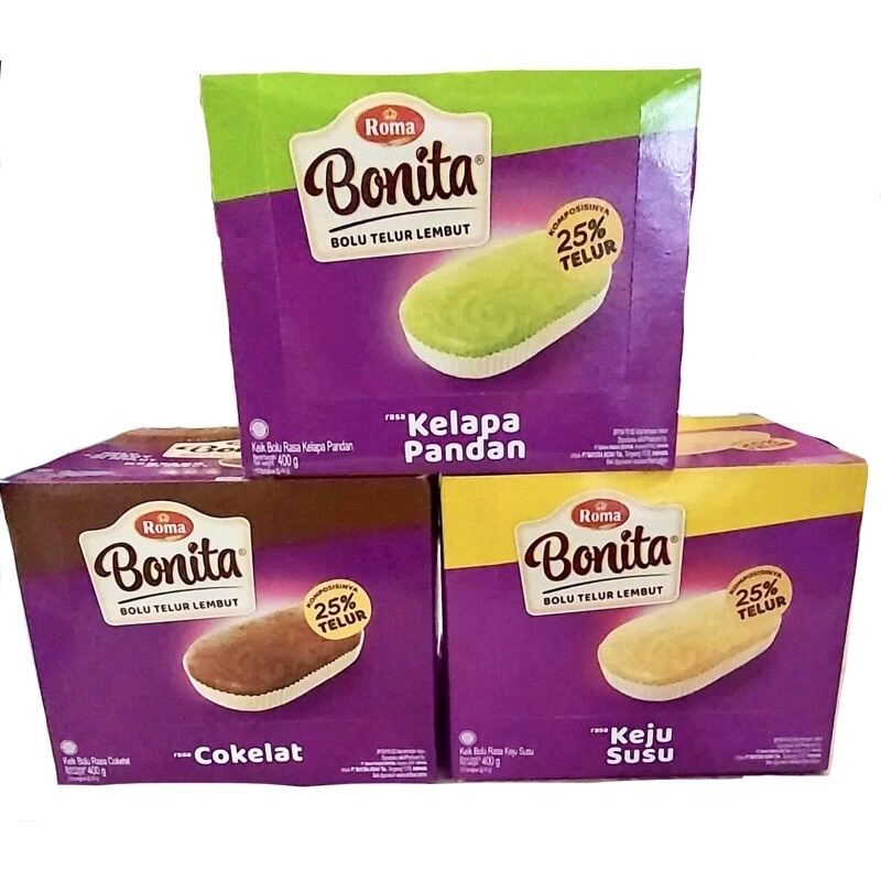 

Roma Bonita Bolu Telur Lembut 360G 1 Box Isi 12 Sachet Cokelat Kelapa Pandan Keju Susu