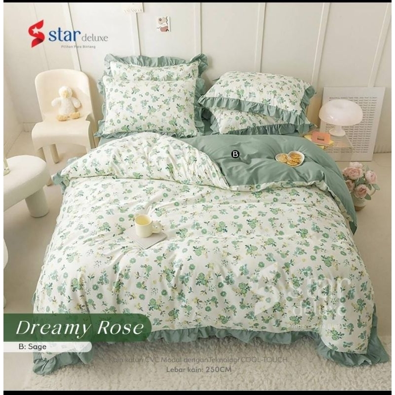 Sprei Katun Halus Star Dreamy Rose Bunga Putih White Hijau Sage Seprei