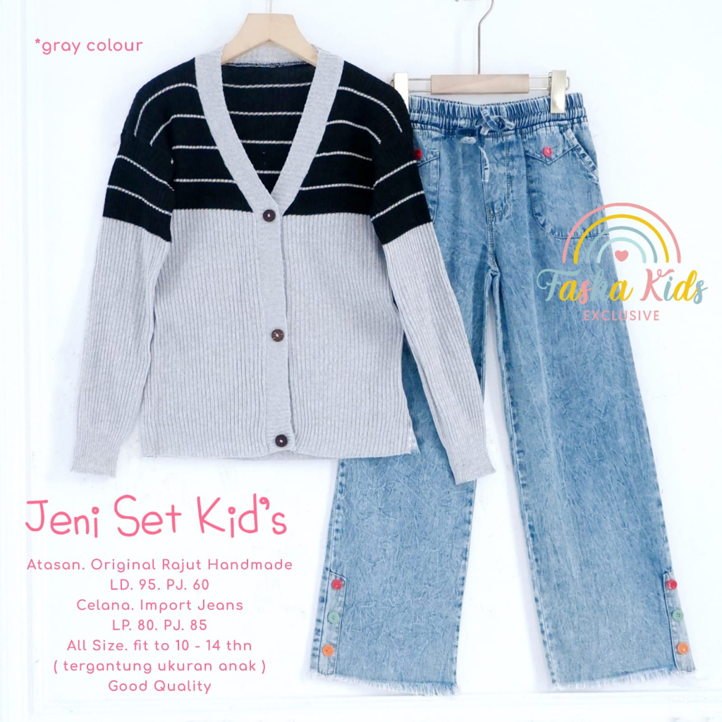 JENI SET KIDS SETELAN BAJU ANAK BLAZER RAJUT DAN CELANA JEANS ONESET ANAK USIA 10-14 TAHUN OUTFIT OO