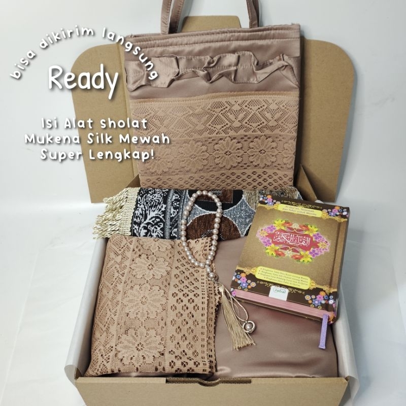 Seperangkat alat sholat mukena silk renda mewah | Mukena Mahar Seserahan| Hampers alat sholat premiu
