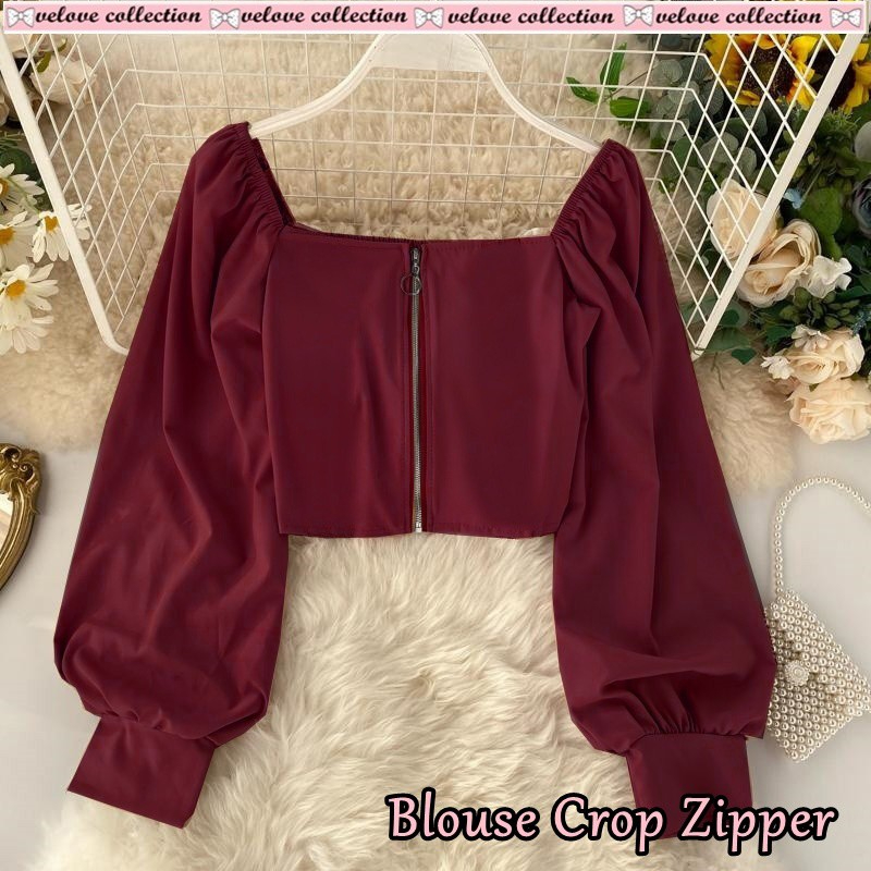 St A10 Blouse crop zipper matt woofcrepe ld 98cm blkg karet smock pj 42cn tgn asli balon dpn zip