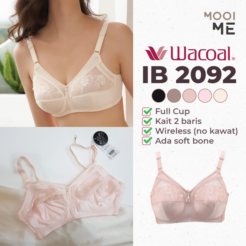 Wacoal IB 2092 Bra Full Cup Wireless (Tanpa Kawat) Busa Tipis Lace (Renda) - Hitam, Cream, Pink