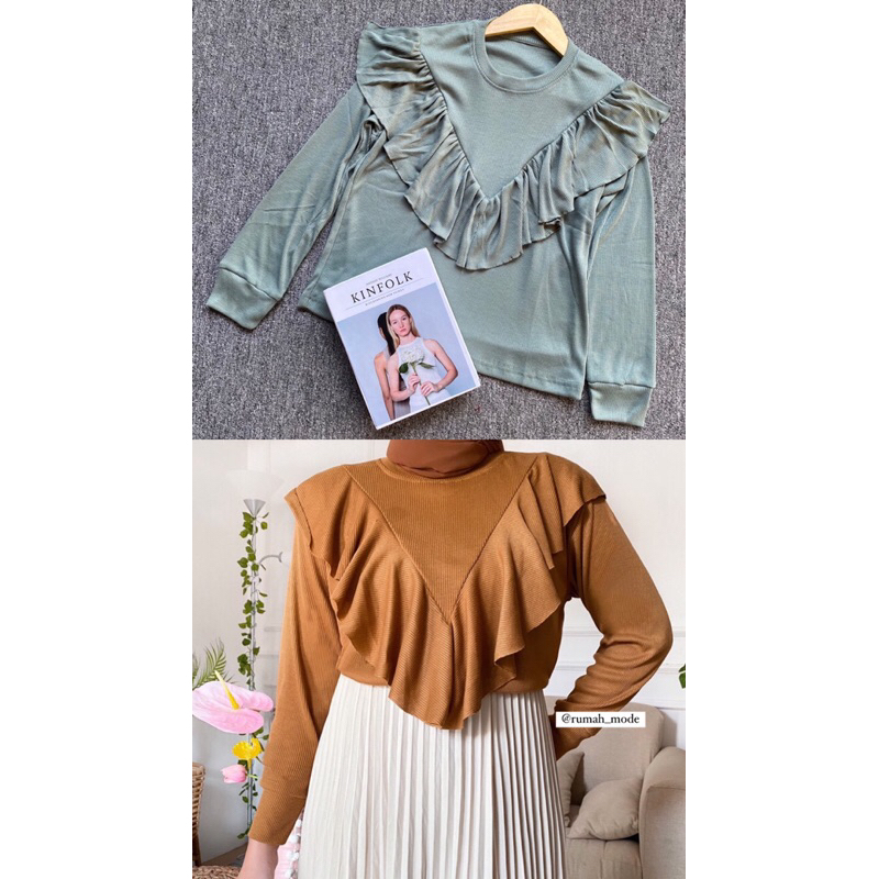 Kaos Lengan Panjang Rumbai / Azura Blouse/ Nuna Blouse/ Knit Ruffle Top / Cotton Rib /Rib Premium/ K