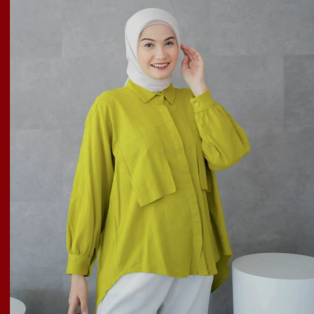 Atasan Linen Saku Wanita Kemeja Cewek Kekinian Oversized Polos Kameja Oversize Shirt Basic Linen Mur