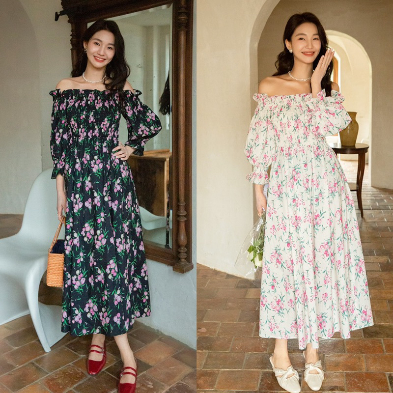 D1320 LUKE KOREAN STYLE FLORAL VINTAGE MIDI DRESS KERUT KARET PANTAI MANIS LIBURAN BUNGA BUMIL SABRI