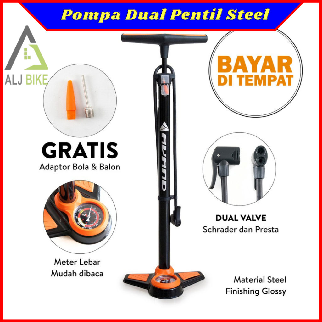 AVAND Pompa Sepeda dan Motor Pompa Angin Ban Kompa Speda Meter Tekanan Dual Pentil Besi