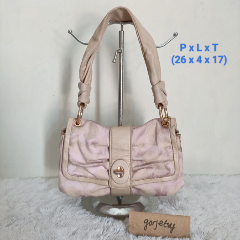 RARE COACH Signature Pleated Baby Pink Shoulders Bag Tas Canvas Kulit Preloved