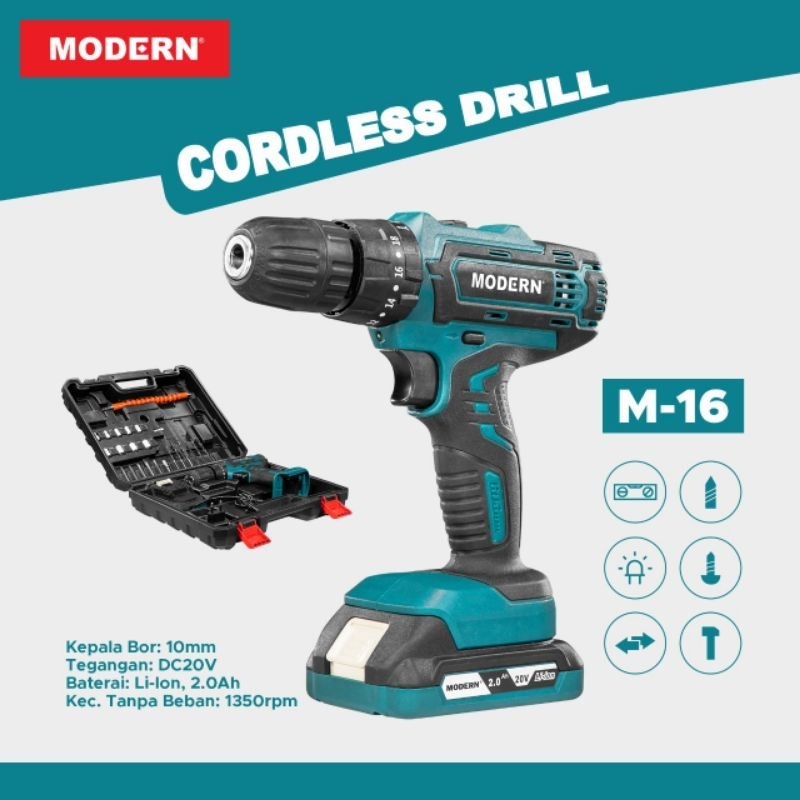 MESIN BOR CORDLES MODERN M16 SET BETON  BATERAI / CAS / CORDLESS IMPACT DRILL SET MODERN M-16 / M16
