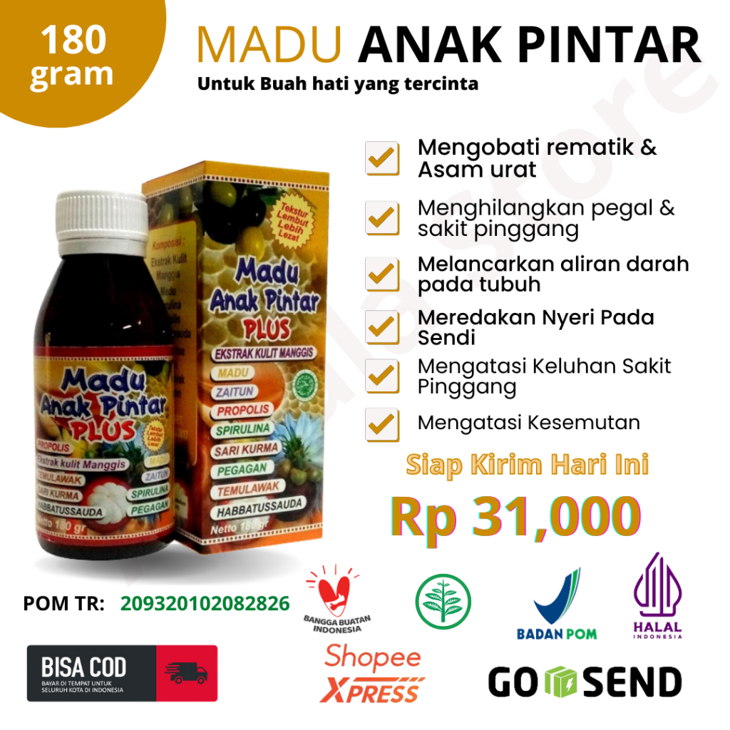 

Madu Smart kids Plus 180gram di Formulasikan Untuk Kecerdasan, Ingatan dan Daya Tahan Tubuh Anak Anda Madu Anak Pintar Asli Halal BPOM