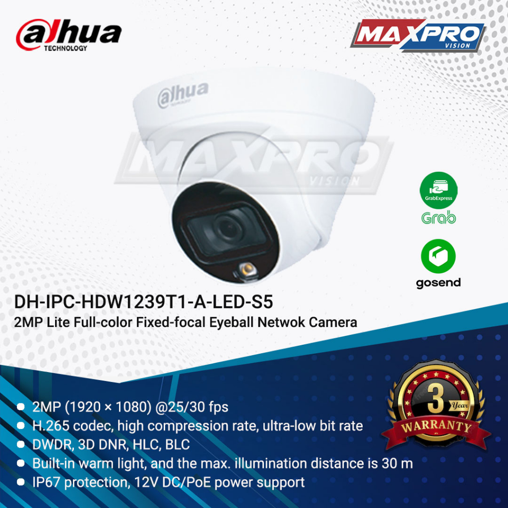 DH-IPC-HDW1239T1-A-LED-S5 - DAHUA IP CAMERA 2MP FULL COLOR TURRET