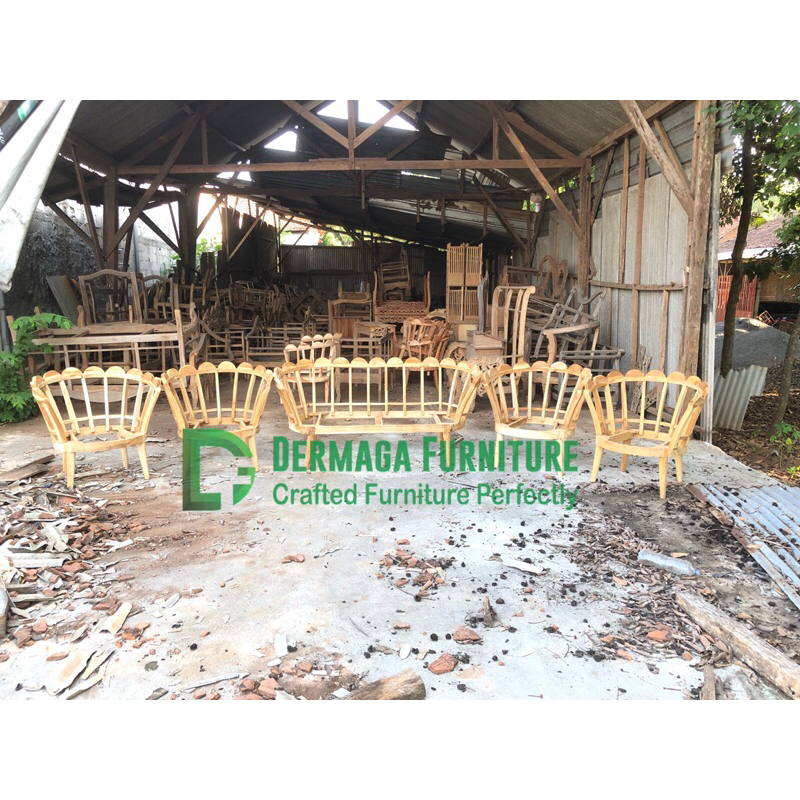 SET SOFA KERANG BUNGKUS KAYU JATI 21111 KURSI DEKORASI PELAMINAN AKAD  PERNIKAHAN TUNANGAN MEWAH MUR