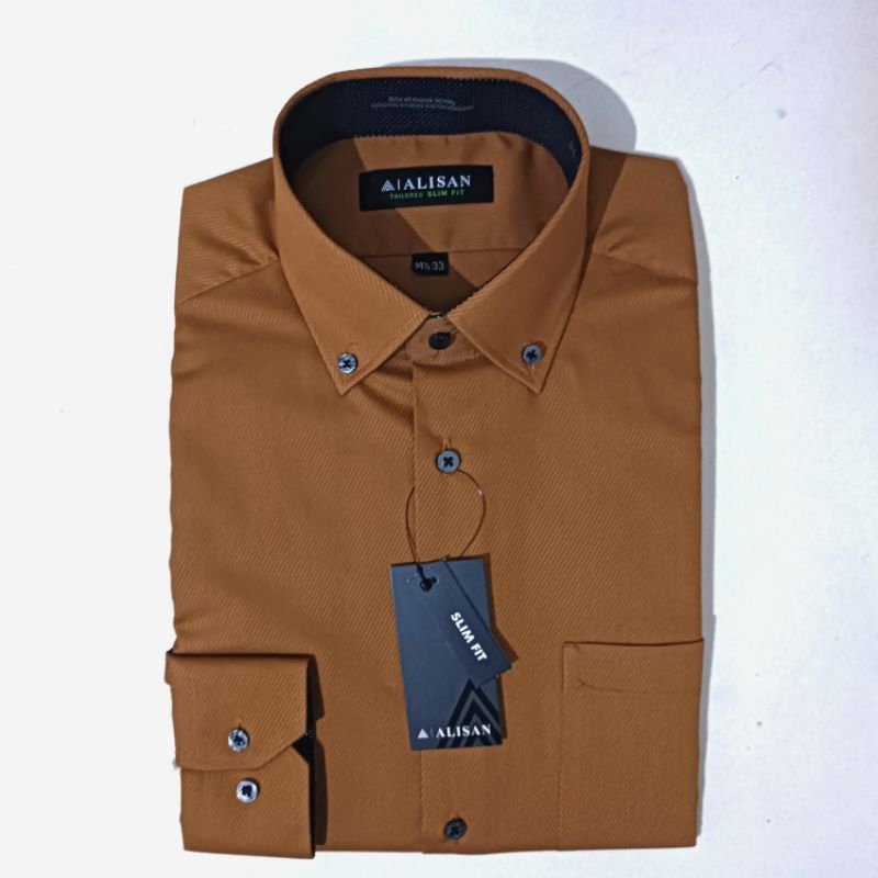 Alisan Kemeja Pria Dobby Coklat7 Dalam Bintik Kerah Kancing Lengan Panjang Slimfit