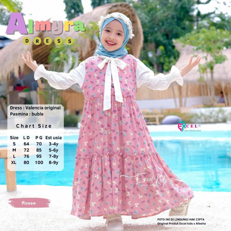 Almyra dress rosse set pashmina hijau tosca untuk  usia 8-9th