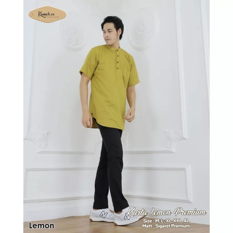 Baju Koko Pria Kurta Tangan Pendek Warna Lemon