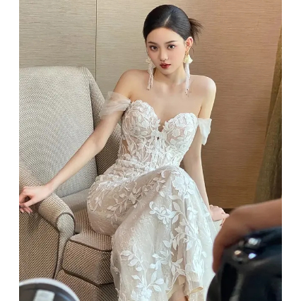 Ready to Ship In Stock Fast Dispatch Bordir Renda Appliques Gaun Pengantin Putri Duyung Gaun Prom Di