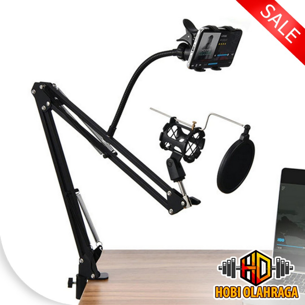 Stand Mic Jepit Meja Plus Holder Ponsel Pop Filter Mic
