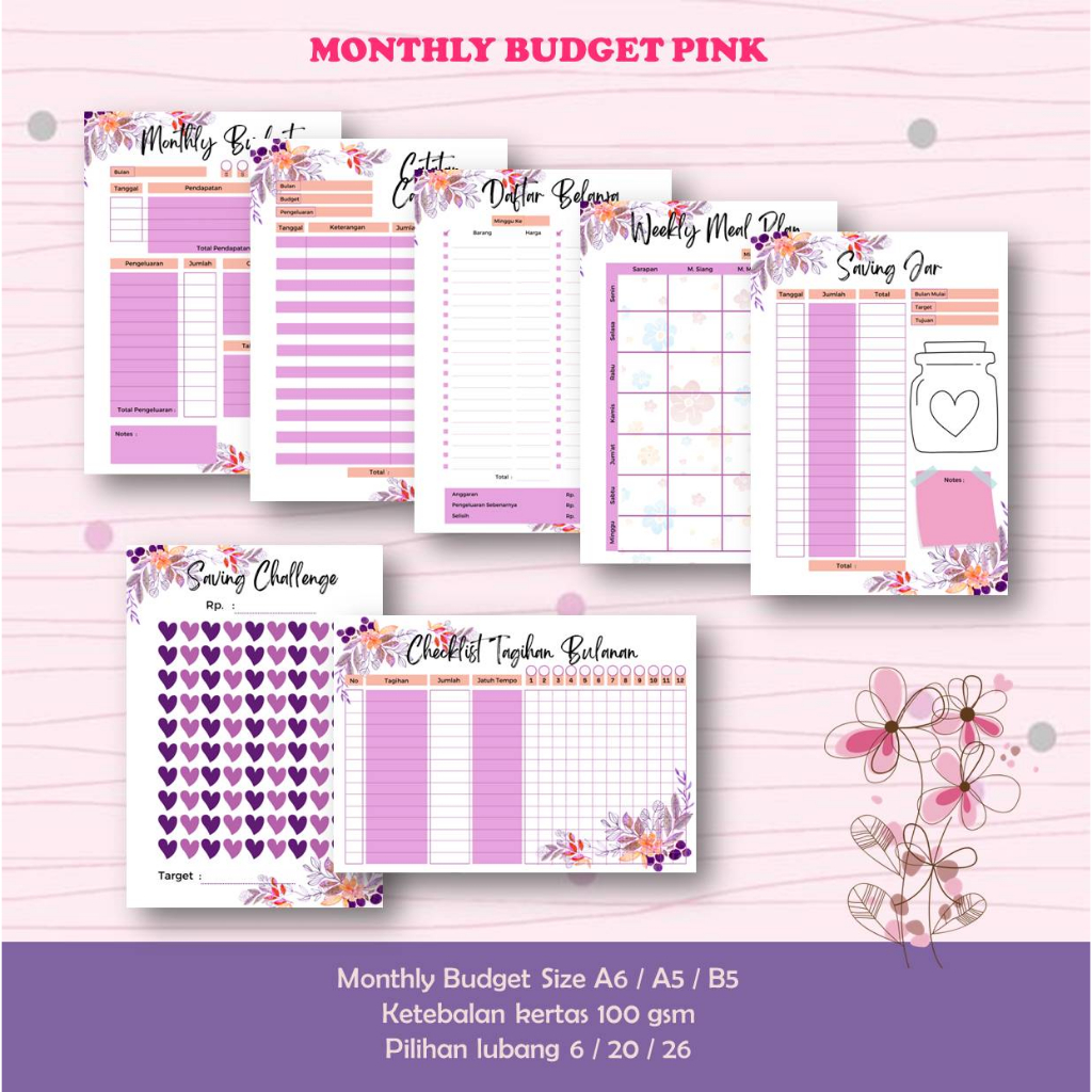 MONTHLY BUDGET PINK PLANNER CATATAN KEUANGAN CASHFLOW PENGELUARAN BULANAN / FINANCIAL TRACKER / KERT