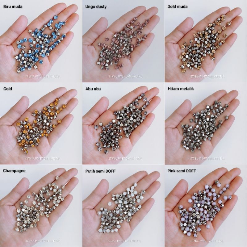 Kristal jahit cangkang akrilik bulat ss30 (6,3 mm) toska, biru, ungu dusty, gold, abu, hitam, putih 