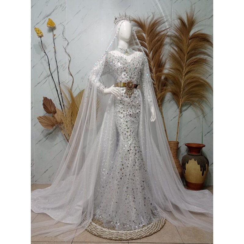 gaun slim putih squin premium