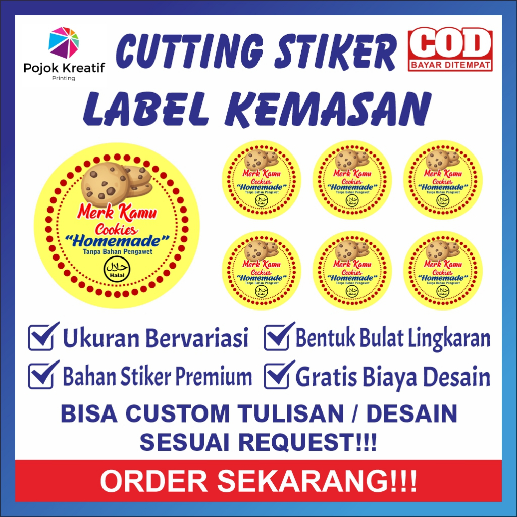 

Cetak Cutting Stiker Label Kemasan Makanan Kue A27 Kuning Bontak Vinyl Ukuran 3 4 5 6 7 cm Dapat Banyak Bisa COD Custom Request Gratis Desain Pojok Kreatif