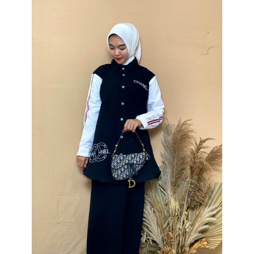 Tunik levis terbaru wanita terkini motif logo model lengan raglan leher kerah kemeja