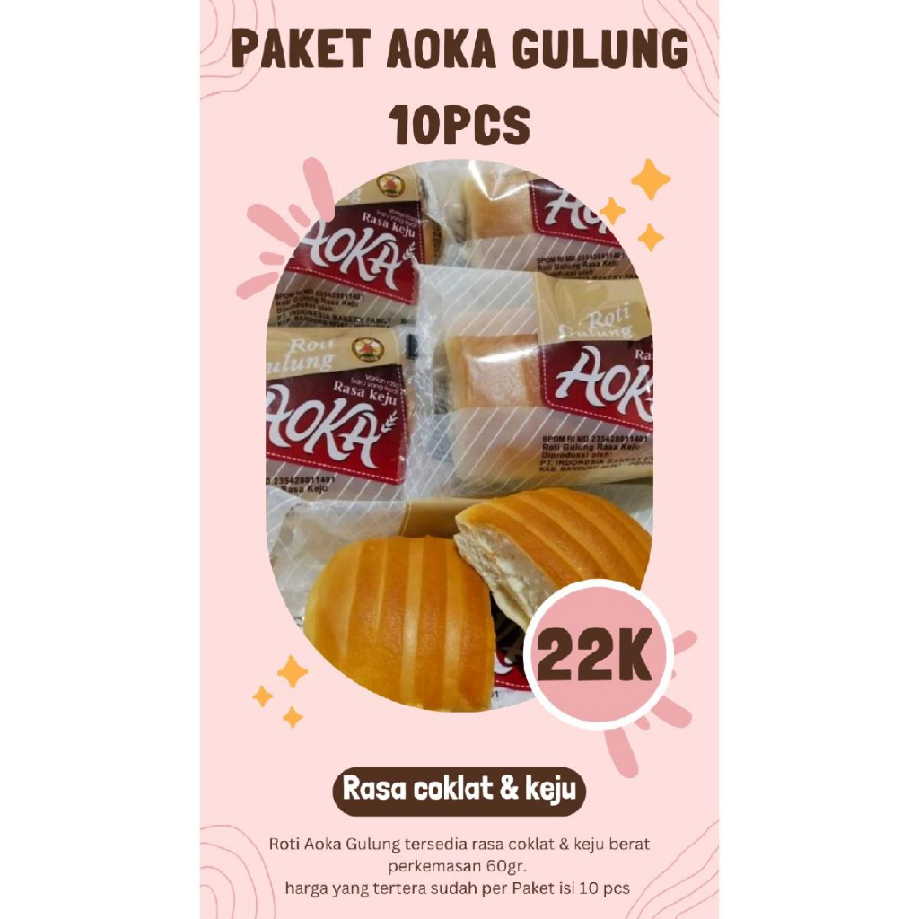 

Paket Roti Aoka Gulung coklat dan keju 60gr isi 10pcs