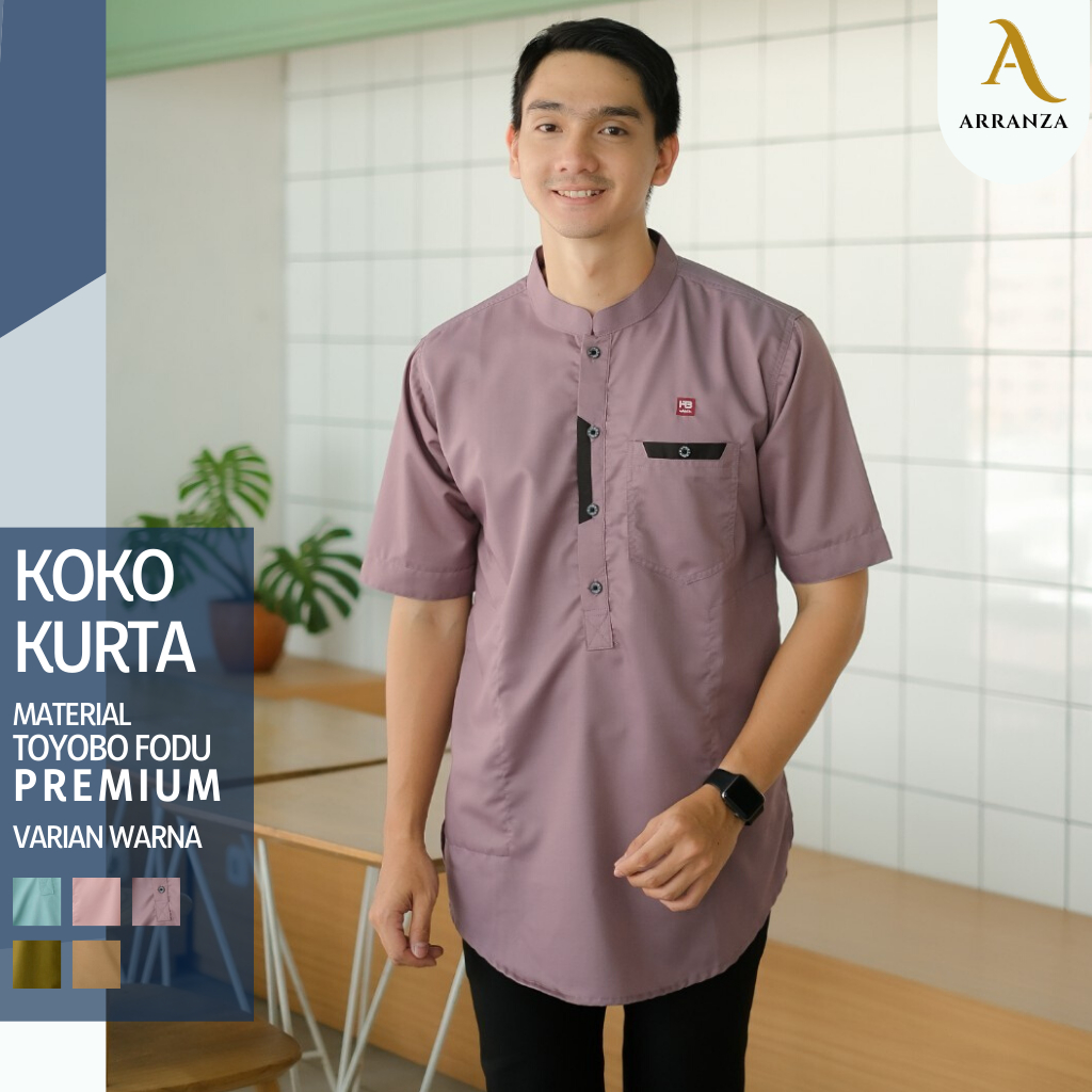 Baju Koko Kurta Pria Lengan Pendek Bahan Toyobo Fodu Atasan Muslim Pria Original Habib warna Mint