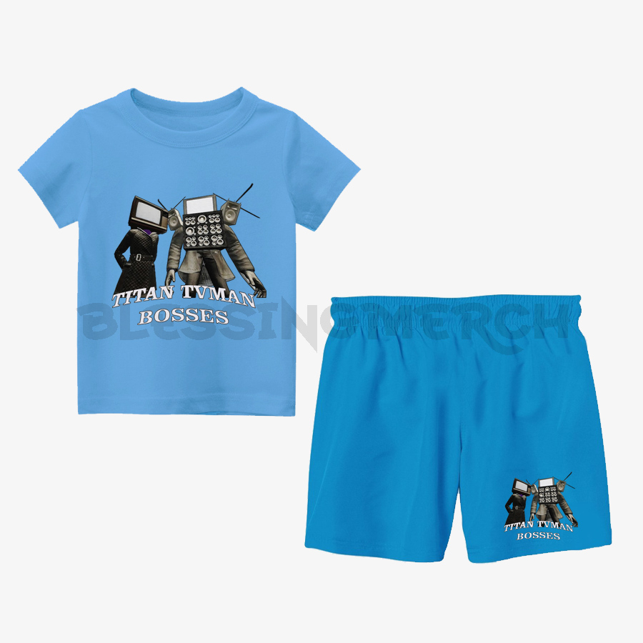 SETELAN KAOS ANAK MOTIF TITAN TV MAN TV WOMAN BOSSES SKIBIDI TOILET / TITAN TV MAN BOSSES