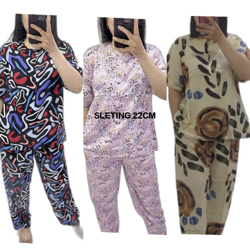 ONE SET PIYAMA RAYON BUSUI LENGAN PENDEK CELANA PANJANG, ONE SET HABEL