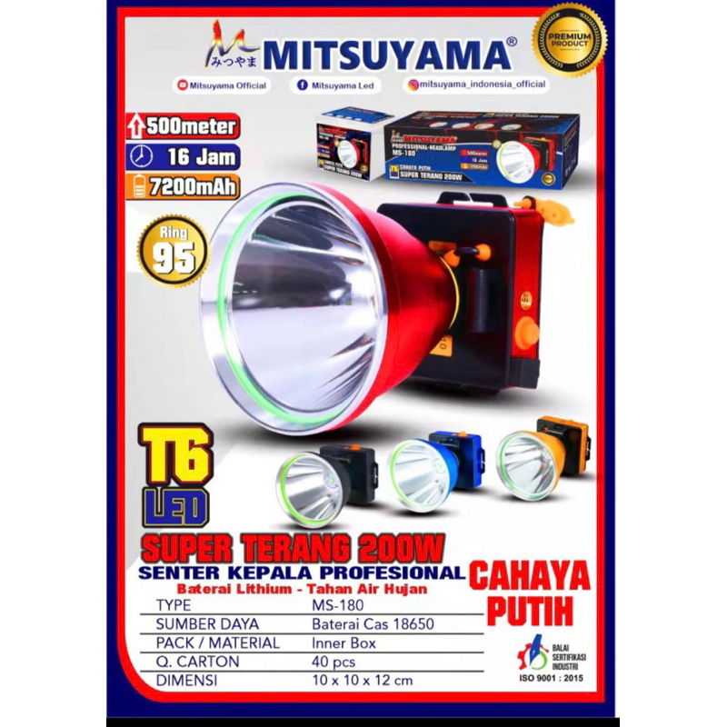 Senter Kepala LED MITSUYAMA Super Terang MS-180P / Headlamp Mitsuyama 200 Watt Jumbo