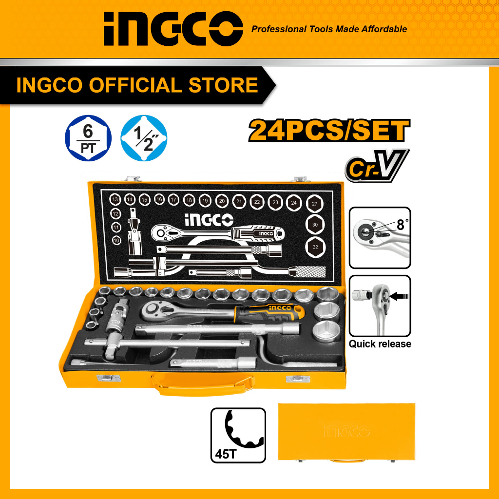(INGCO) - ToolKit KUNCI SOCK 1/2" 24PCS TOOL SET INGCO ALAT PERTUKANGAN PERKAKAS BENGKEL BERKUALITAS