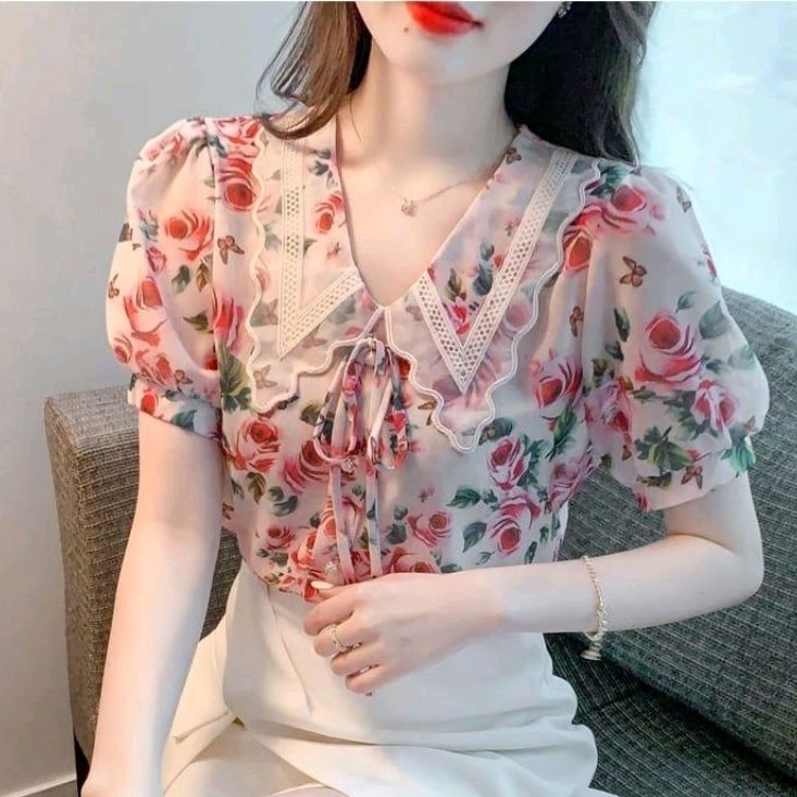 2276 Baju atasan kemeja blouse LACE COLLAR FLORAL motif bunga bunga2 lengan pendek Korea Korean styl