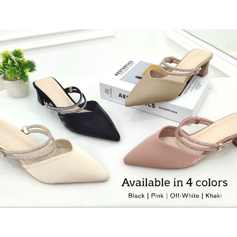 Simoncelli Sandal Wanita Tumit Tahu 3 Cm Mutiara Import Polos Sandal Kerja Hitam Black Khaki Apricot