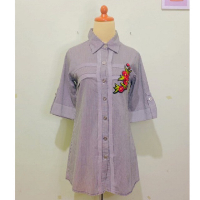 Atasan kemeja tunik mix bunga flower bordir bahan katun motif garis warna hitam putih - BNW 12455