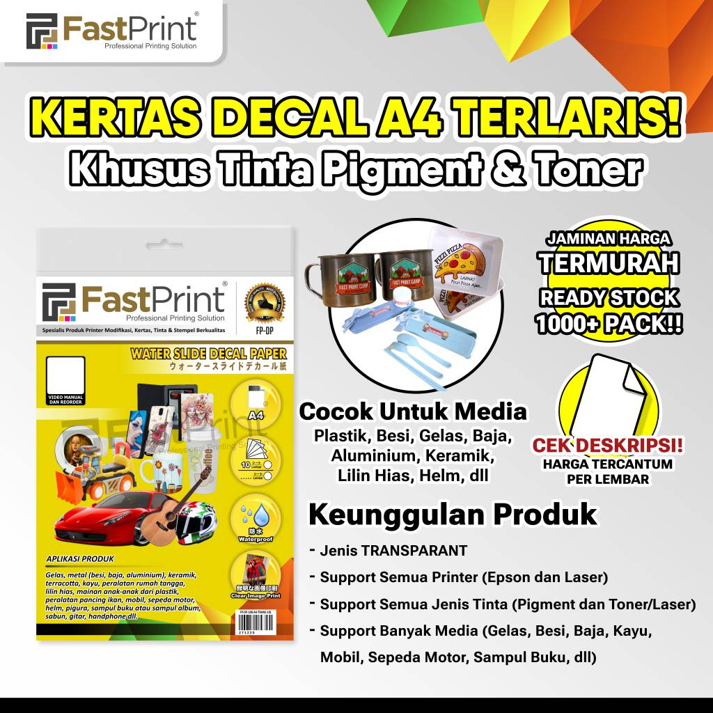 

Fast Print Kertas Water Slide Decal Paper Transparant Ukuran A4 100 Gram