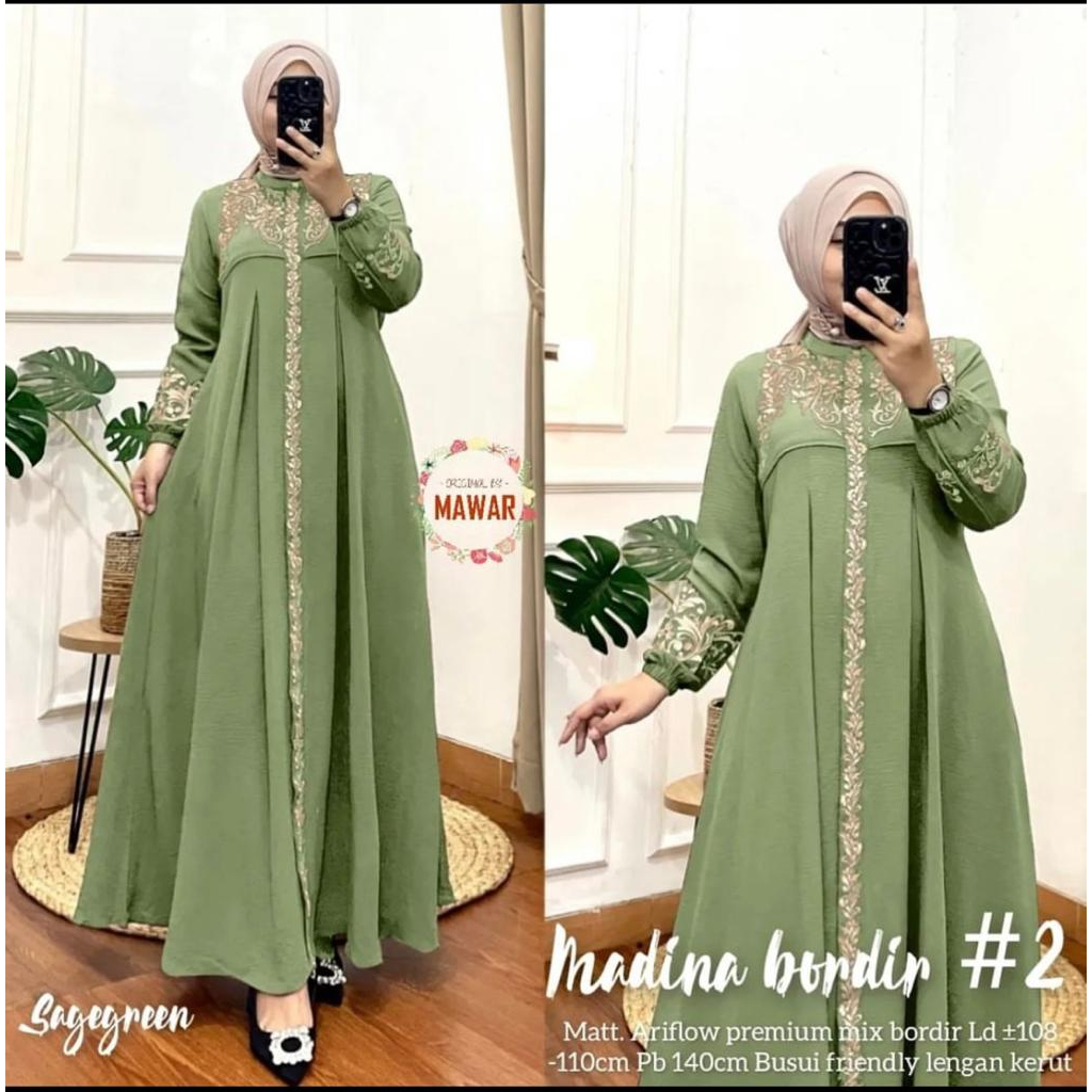 Gamis Wanita Terbaru Madina Bordir Gamis Crinkle Aplikasi Bordir Baju Muslim Wanita Kekinian