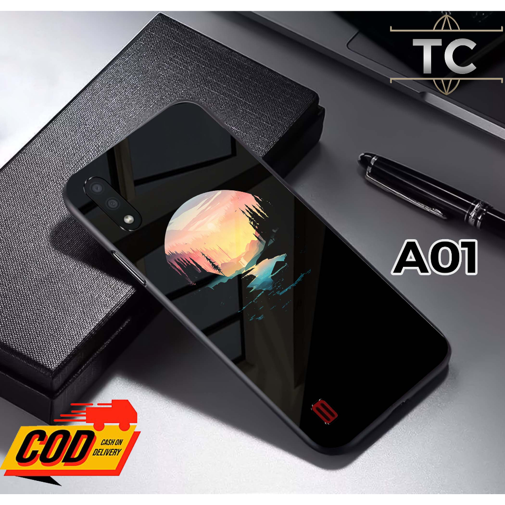 Softcase Glass Kilau glossy Fashion Motif Pemandangan- Case Samsung A01 kaca glossy Casing Hp Samsun