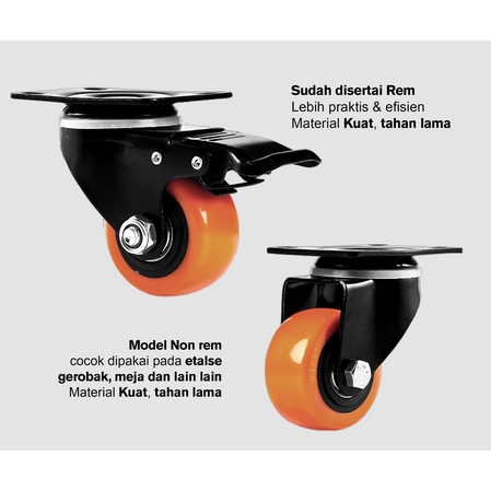 FUKUDA Roda Kastor 2 Inch ORANGE TEBAL PLUS REM / Castor Swifel Plate Etalase Troli PER SET