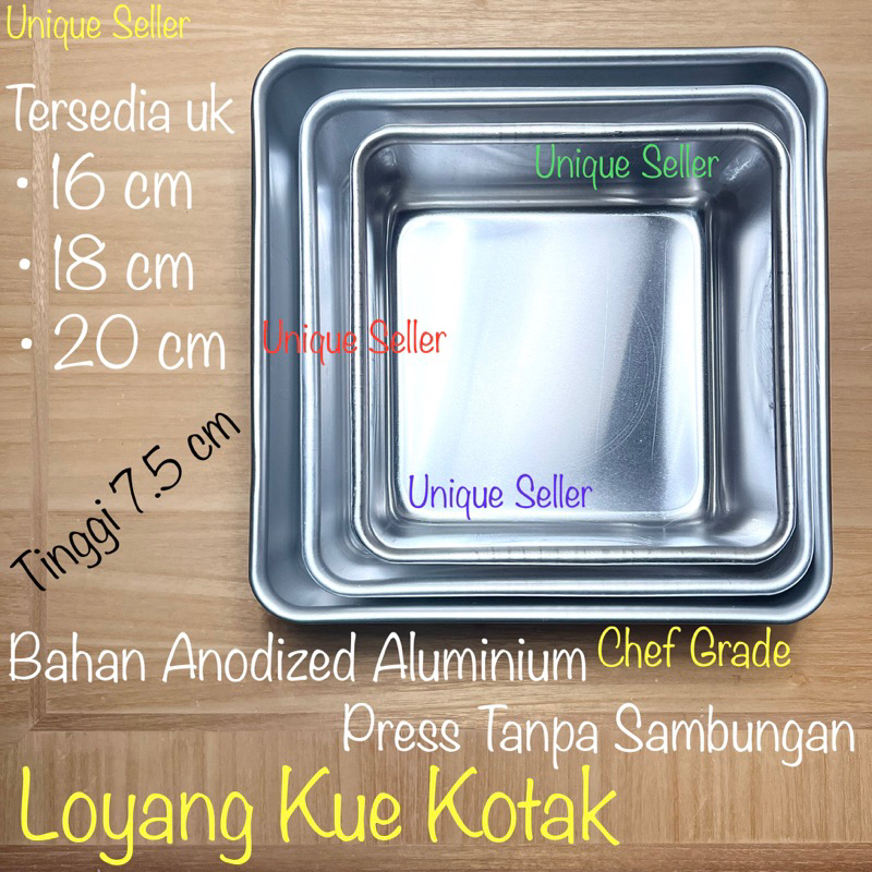 Loyang Kue KOTAK Press Tanpa Sambungan Uk 16 18 20 Tinggi 7.5 cm / Loyang Kotak Full Press Tebal