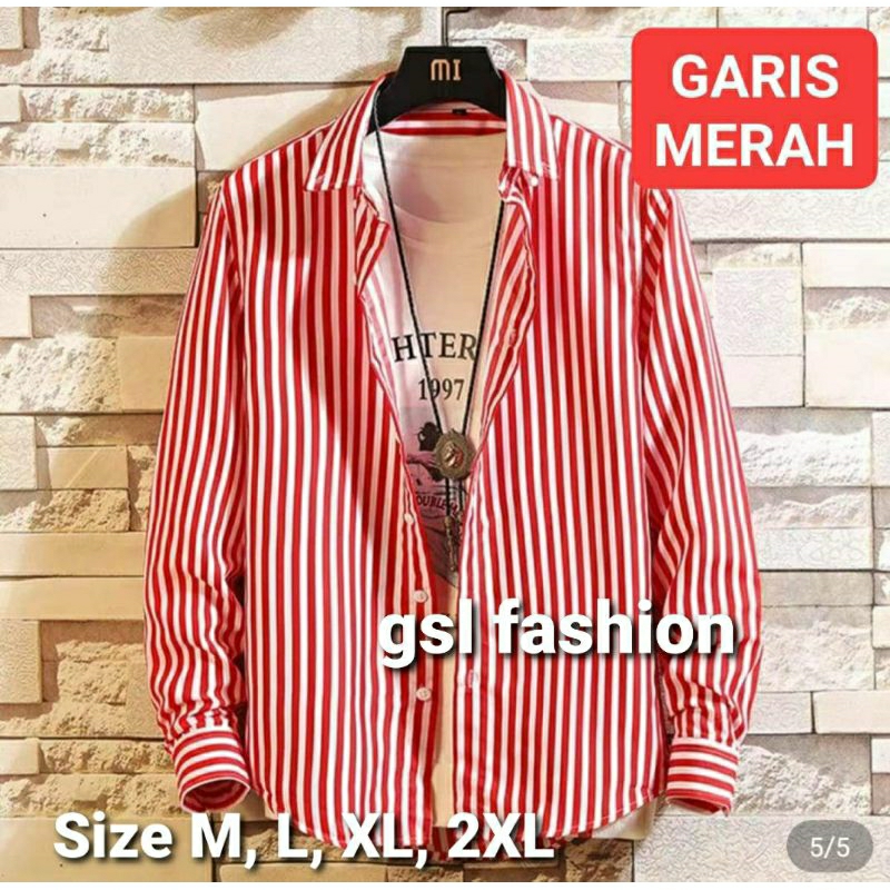 GSL Kemeja Pria Lengan Panjang Motif Polos Salur Hitam Putih Katun Flanel Import Jumbo Baju Atasan C