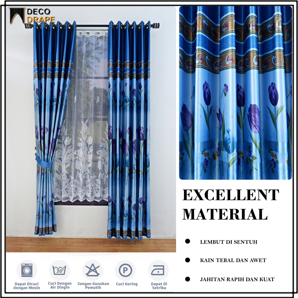 Hordeng Jendela Panjang Motif Bunga Tulip Kain Blackout Printing Tipe Smokering