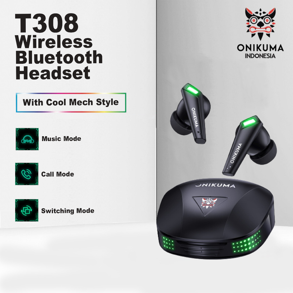 ONIKUMA T308 Headset Bluetooth TWS Gaming Earphone Kedap Suara Headphone - Black green LED Bergarans