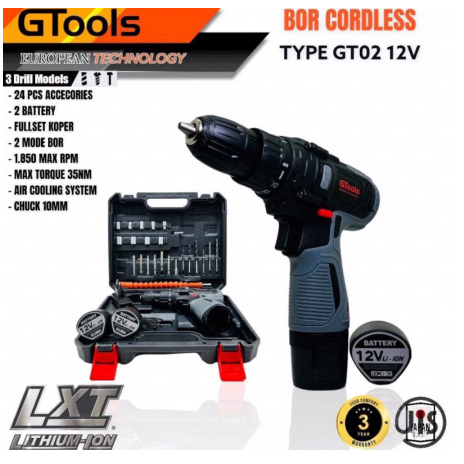 Mesin Bor baterai cordless12Volt Gtools Eropa GT02 Bor kayu besi tembok kuat