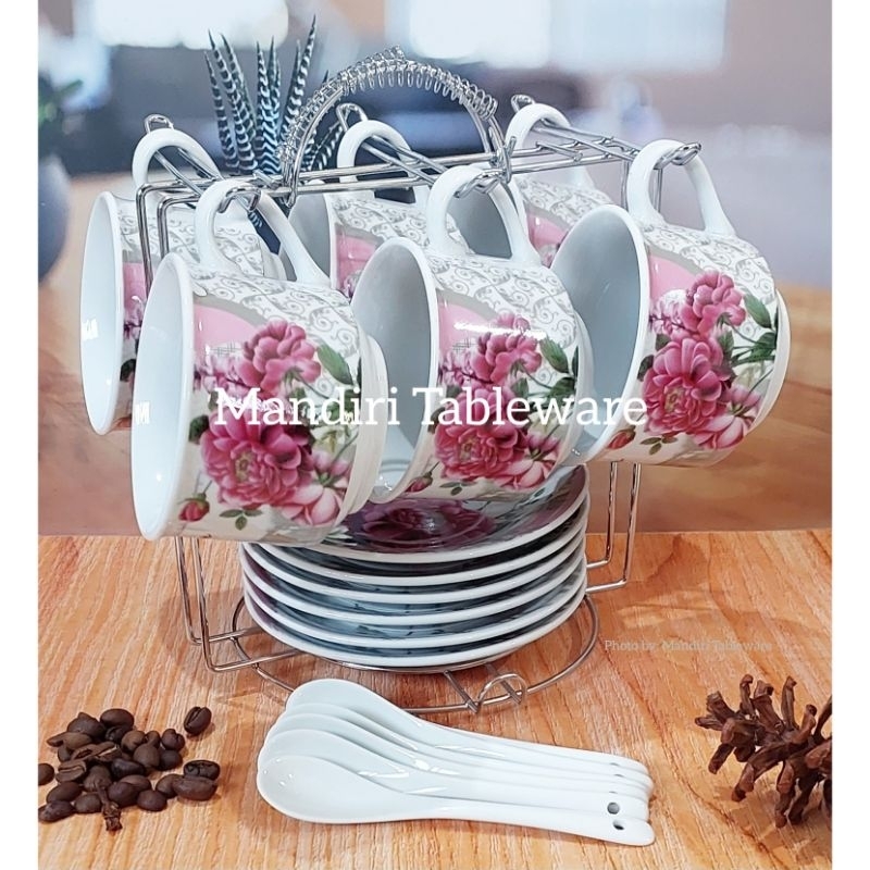 Cangkir Set Keramik + Rack 200 ml Fiorenza | Motif Garden | Best Quality | Isi: 19 pcs